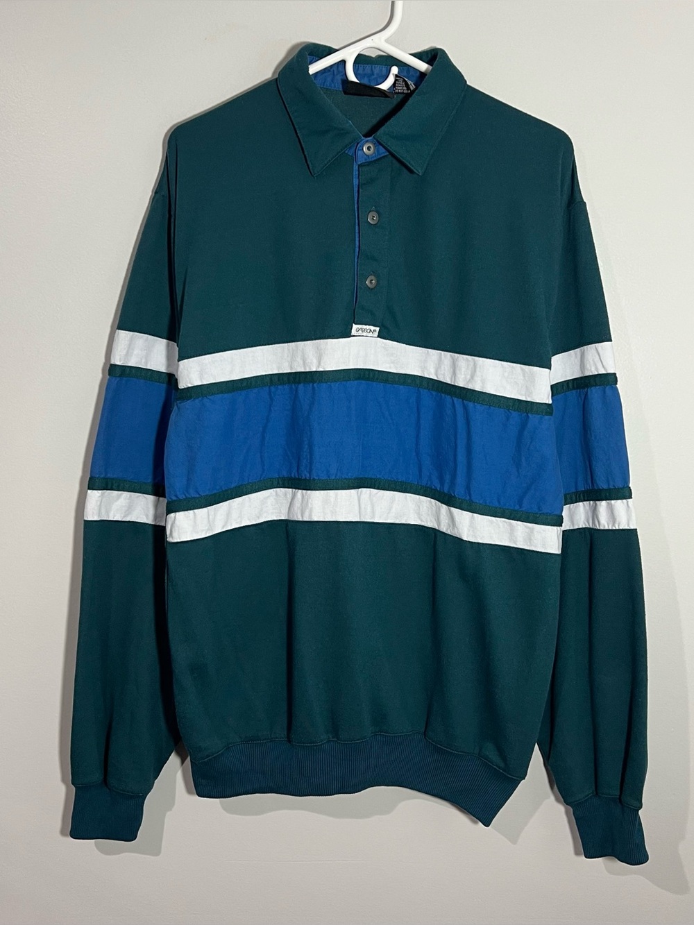 Vintage Sasson Teal Blue White Stripe Long Sleeve Polo Shirt Mens Large